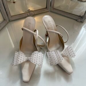 RAYE White leather Studded Bow Pointed-Toe Mules with Ankle Strap 37.5 NWOT